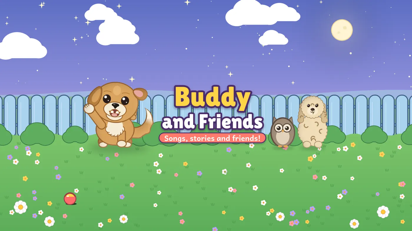 Buddy the small dog with his friends in a sunny meadow